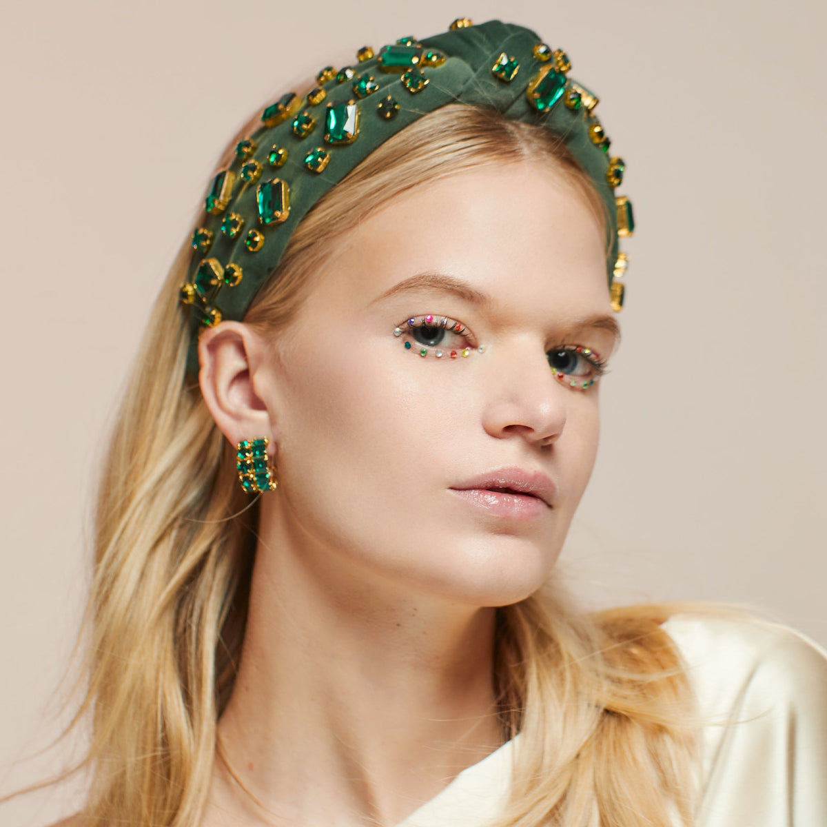 MAY EMERALD RECTANGLE CRYSTAL VELVET KNOTTED HEADBAND - Lele Sadoughi