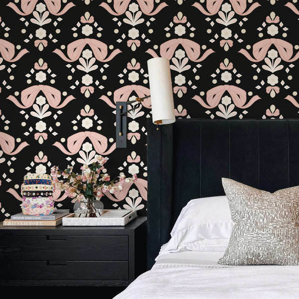 lele sadoughi x nuwallpaper by wallpops bow damask black peel and stick  wallpaper